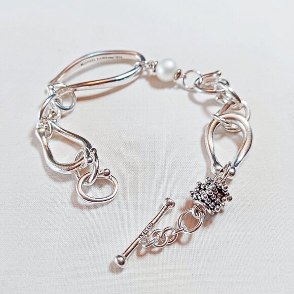 Signed Michael Dawkins Pearl & Sterling Silver Link Toggle Bracelet - Picture 1 of 8